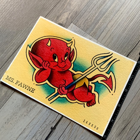 HOT STUFF The Little Red Devil Tattoo Design Artwork Painting Original by Artist - Picture 5 of 5